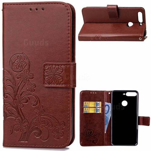 Embossing Imprint Four-Leaf Clover Leather Wallet Case for Huawei Honor 7C - Brown
