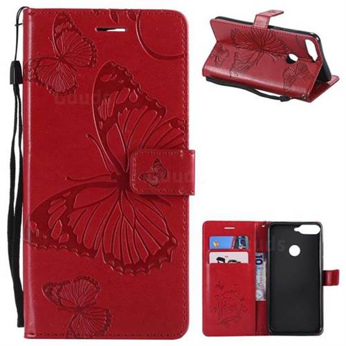 Embossing 3D Butterfly Leather Wallet Case for Huawei Honor 7C - Red