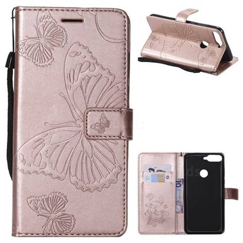 Embossing 3D Butterfly Leather Wallet Case for Huawei Honor 7C - Rose Gold