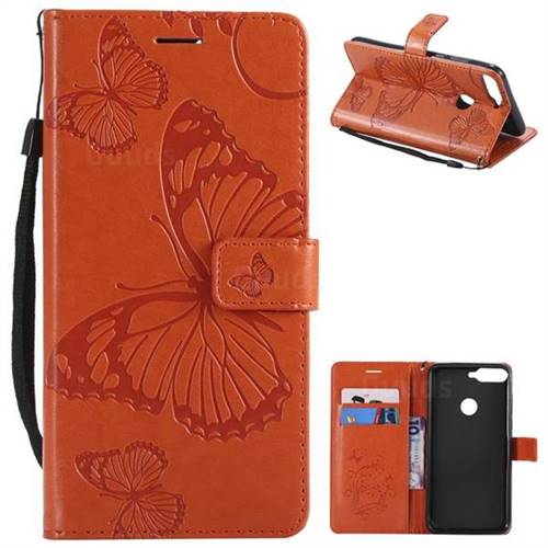 Embossing 3D Butterfly Leather Wallet Case for Huawei Honor 7C - Orange
