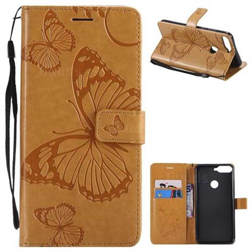 Embossing 3D Butterfly Leather Wallet Case for Huawei Honor 7C - Yellow