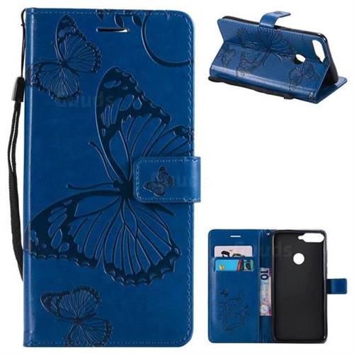 Embossing 3D Butterfly Leather Wallet Case for Huawei Honor 7C - Blue