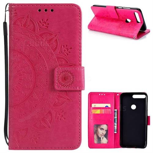 Intricate Embossing Datura Leather Wallet Case for Huawei Honor 7C - Rose Red