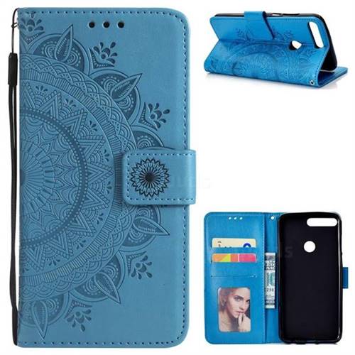 Intricate Embossing Datura Leather Wallet Case for Huawei Honor 7C - Blue