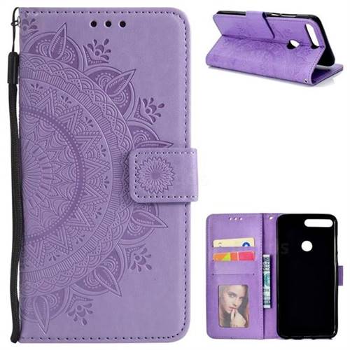 Intricate Embossing Datura Leather Wallet Case for Huawei Honor 7C - Purple