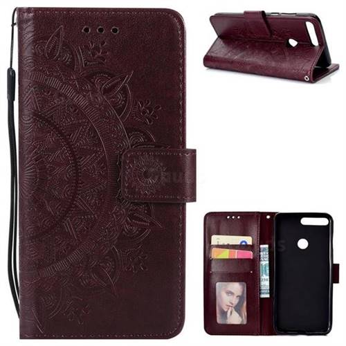 Intricate Embossing Datura Leather Wallet Case for Huawei Honor 7C - Brown