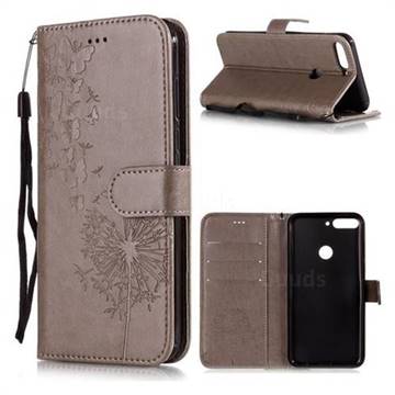 Intricate Embossing Dandelion Butterfly Leather Wallet Case for Huawei Honor 7C - Gray