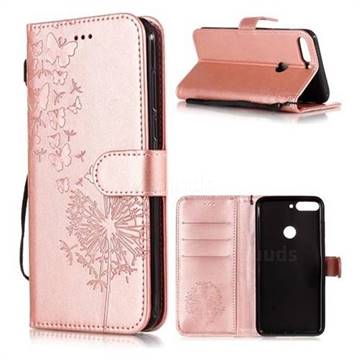 Intricate Embossing Dandelion Butterfly Leather Wallet Case for Huawei Honor 7C - Rose Gold