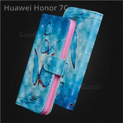 Blue Sea Butterflies 3D Painted Leather Wallet Case for Huawei Honor 7C