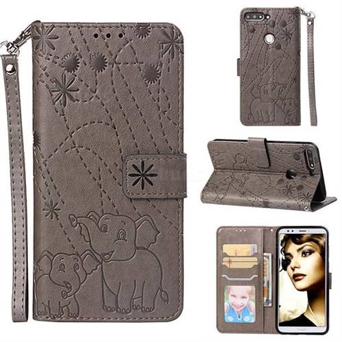 Embossing Fireworks Elephant Leather Wallet Case for Huawei Honor 7C - Gray