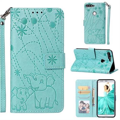 Embossing Fireworks Elephant Leather Wallet Case for Huawei Honor 7C - Green
