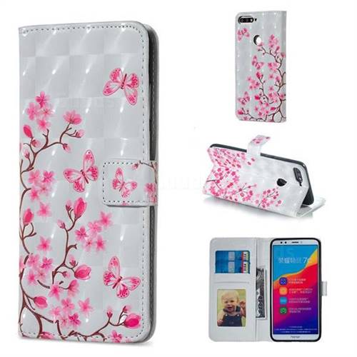Butterfly Sakura Flower 3D Painted Leather Phone Wallet Case for Huawei Honor 7C