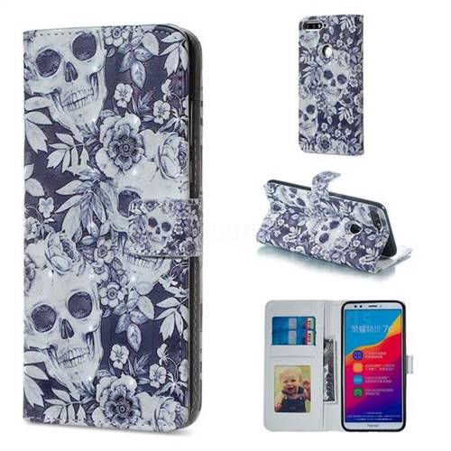 Skull Flower 3D Painted Leather Phone Wallet Case for Huawei Honor 7C