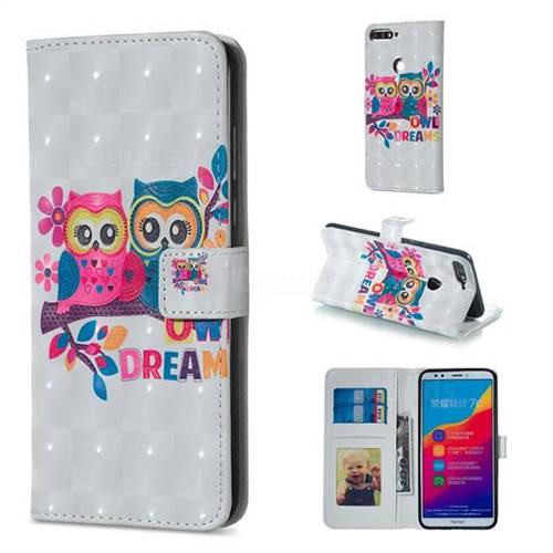 Couple Owl 3D Painted Leather Phone Wallet Case for Huawei Honor 7C