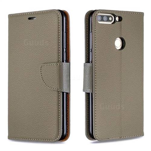 Classic Luxury Litchi Leather Phone Wallet Case for Huawei Honor 7C - Gray