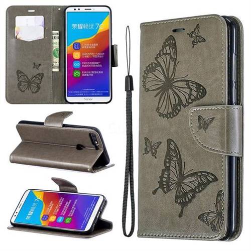 Embossing Double Butterfly Leather Wallet Case for Huawei Honor 7C - Gray