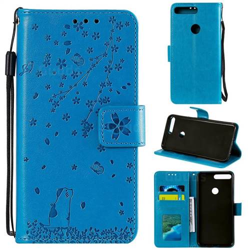 Embossing Cherry Blossom Cat Leather Wallet Case for Huawei Honor 7C - Blue