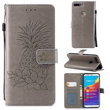 Embossing Flower Pineapple Leather Wallet Case for Huawei Honor 7C - Gray