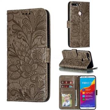 Intricate Embossing Lace Jasmine Flower Leather Wallet Case for Huawei Honor 7C - Gray