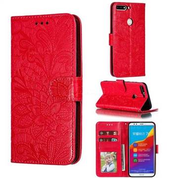 Intricate Embossing Lace Jasmine Flower Leather Wallet Case for Huawei Honor 7C - Red