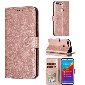 Intricate Embossing Lace Jasmine Flower Leather Wallet Case for Huawei Honor 7C - Rose Gold