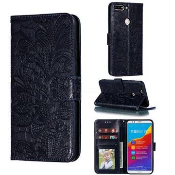 Intricate Embossing Lace Jasmine Flower Leather Wallet Case for Huawei Honor 7C - Dark Blue