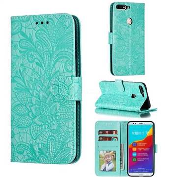 Intricate Embossing Lace Jasmine Flower Leather Wallet Case for Huawei Honor 7C - Green