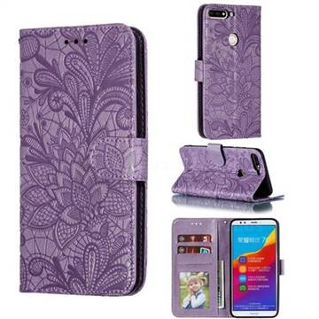 Intricate Embossing Lace Jasmine Flower Leather Wallet Case for Huawei Honor 7C - Purple