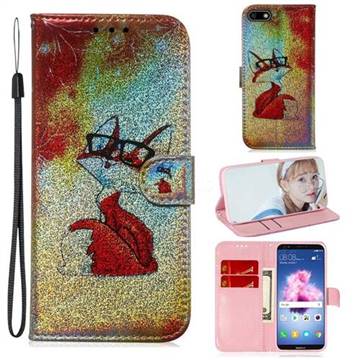 Glasses Fox Laser Shining Leather Wallet Phone Case for Huawei Honor 7s