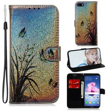 Butterfly Orchid Laser Shining Leather Wallet Phone Case for Huawei Honor 7s