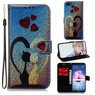 Love Cat Laser Shining Leather Wallet Phone Case for Huawei Honor 7s