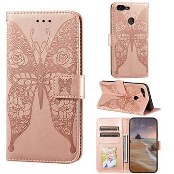 Intricate Embossing Rose Flower Butterfly Leather Wallet Case for Huawei Honor 7s - Rose Gold