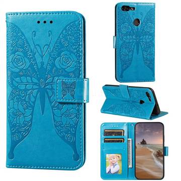 Intricate Embossing Rose Flower Butterfly Leather Wallet Case for Huawei Honor 7s - Blue
