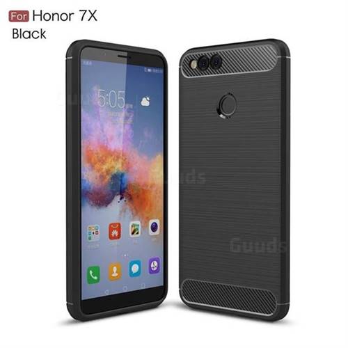 Luxury Carbon Fiber Brushed Wire Drawing Silicone TPU Back Cover for Huawei Honor 7X - Black