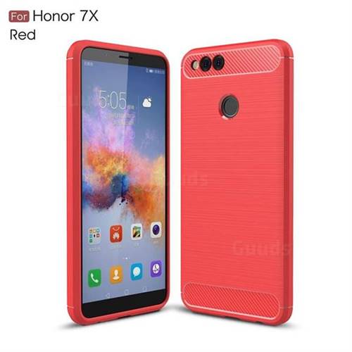 Luxury Carbon Fiber Brushed Wire Drawing Silicone TPU Back Cover for Huawei Honor 7X - Red