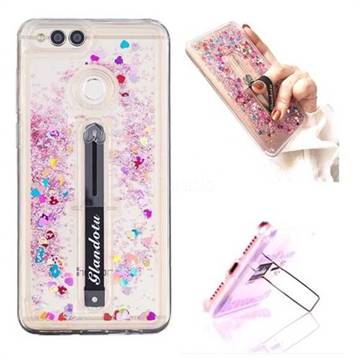 Concealed Ring Holder Stand Glitter Quicksand Dynamic Liquid Phone Case for Huawei Honor 7X - Rose