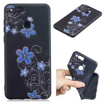 Little Blue Flowers 3D Embossed Relief Black TPU Cell Phone Back Cover for Huawei Honor 7X