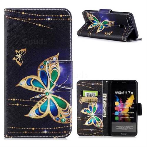Golden Shining Butterfly Leather Wallet Case for Huawei Honor 7X