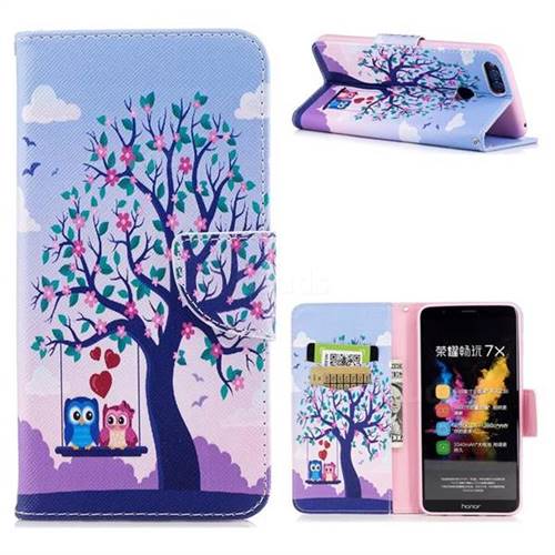 Tree and Owls Leather Wallet Case for Huawei Honor 7X