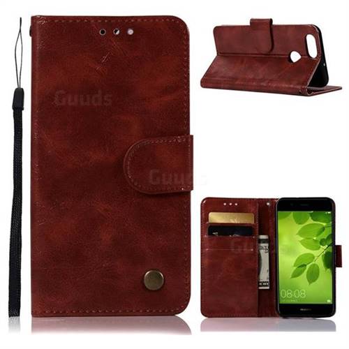 Luxury Retro Leather Wallet Case for Huawei Honor 7X - Wine Red