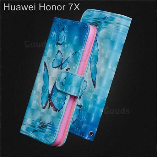 Blue Sea Butterflies 3D Painted Leather Wallet Case for Huawei Honor 7X