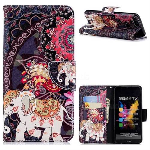 Totem Flower Elephant Leather Wallet Case for Huawei Honor 7X