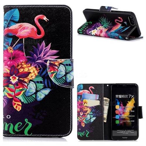 Flowers Flamingos Leather Wallet Case for Huawei Honor 7X