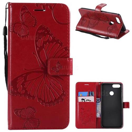 Embossing 3D Butterfly Leather Wallet Case for Huawei Honor 7X - Red