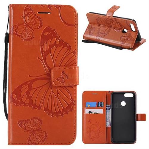 Embossing 3D Butterfly Leather Wallet Case for Huawei Honor 7X - Orange