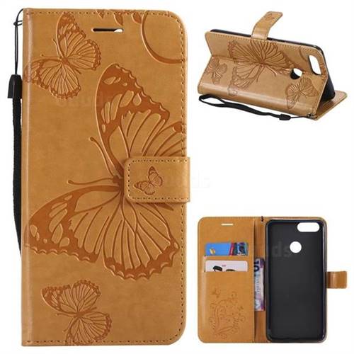 Embossing 3D Butterfly Leather Wallet Case for Huawei Honor 7X - Yellow