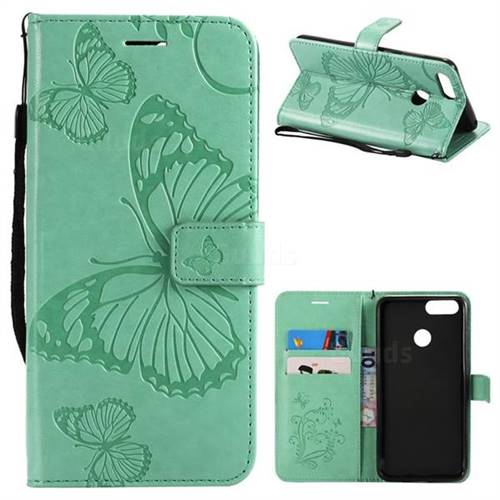 Embossing 3D Butterfly Leather Wallet Case for Huawei Honor 7X - Green