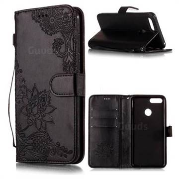 Intricate Embossing Lotus Mandala Flower Leather Wallet Case for Huawei Honor 7X - Black