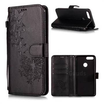 Intricate Embossing Dandelion Butterfly Leather Wallet Case for Huawei Honor 7X - Black