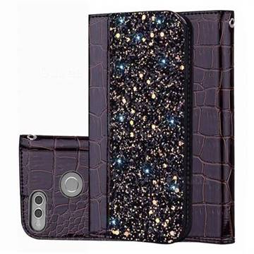 Shiny Crocodile Pattern Stitching Magnetic Closure Flip Holster Shockproof Phone Cases for Huawei Honor 7X - Black Brown